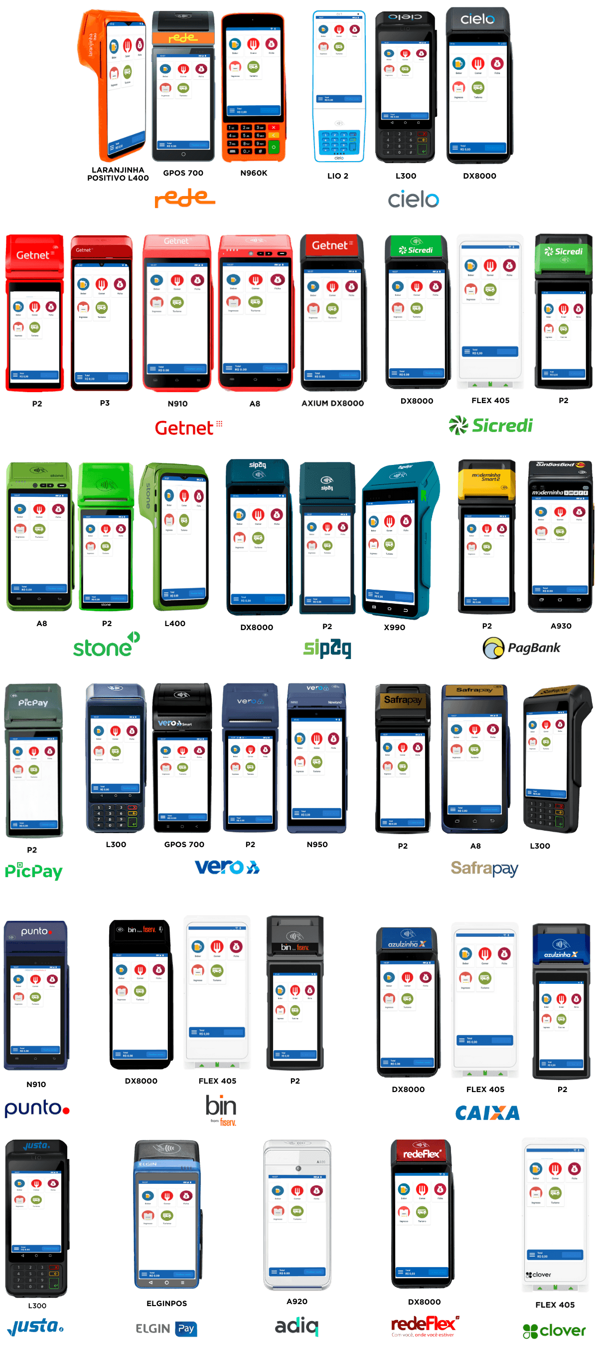 Coleção de dezesseis terminais de pagamento com cartão de diferentes marcas, com interfaces de transação em suas telas